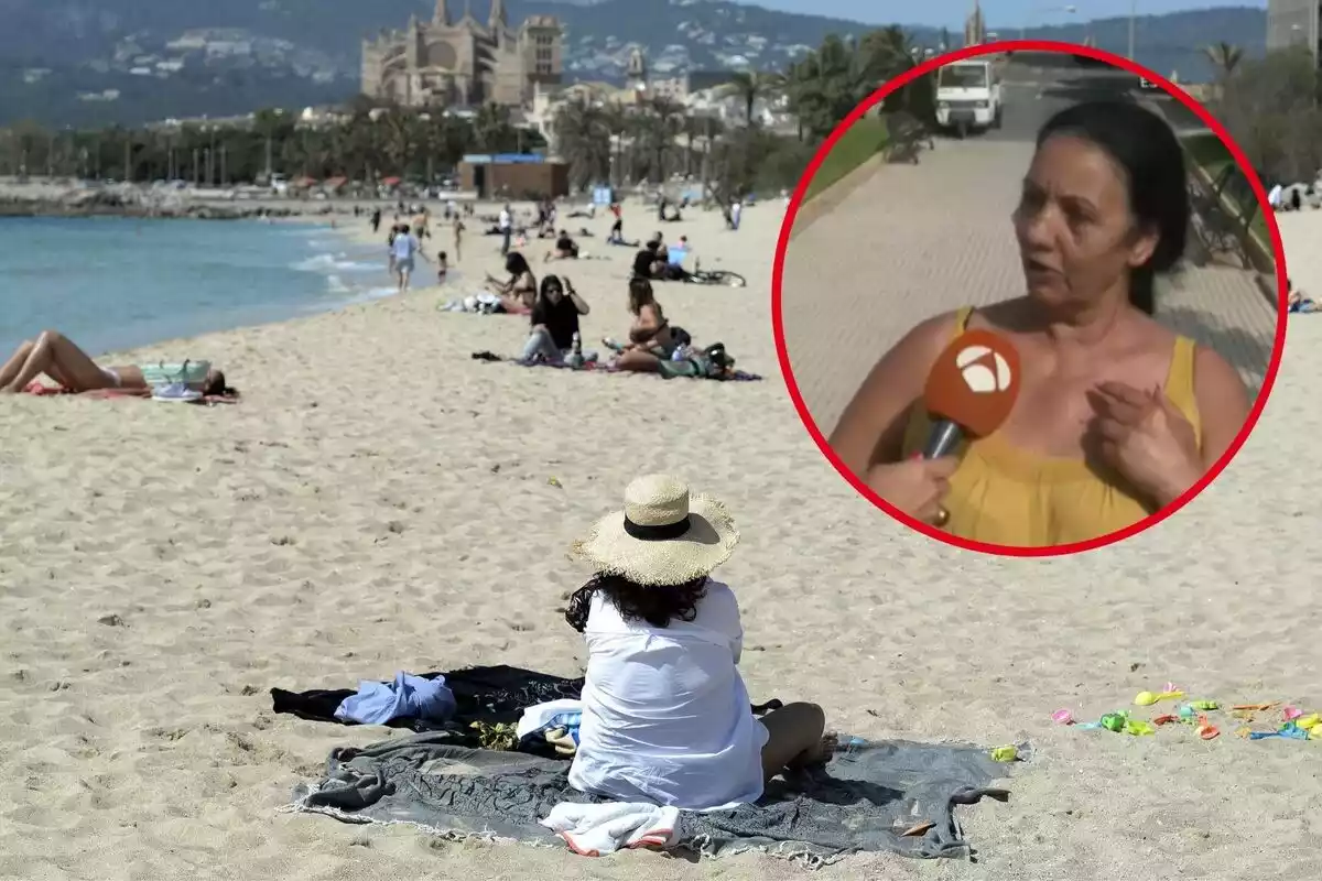 Imagen de una mujer okupa entrevistada por Espejo Público con un montaje en la playa