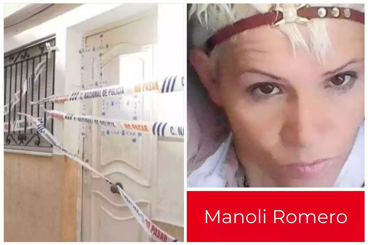 Manoli Romero y la puerta de la vivienda donde fue asesinada