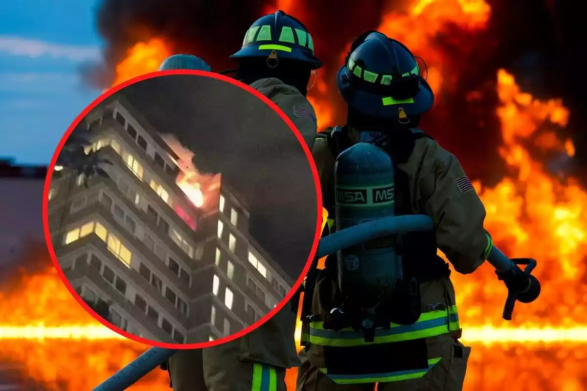 Montaje con la imagen del incendio en un piso de Londres tras una explosión