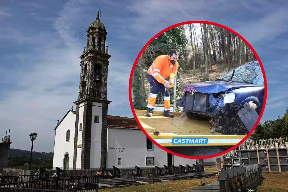 Montaje con el coche accidentado y una imagen de la Iglesia de Santa María de Louxo