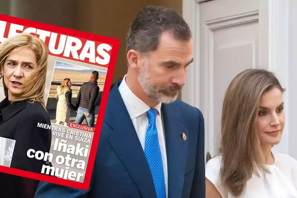 Montaje de fotos de los Reyes, Felipe y Letizia, y la portada de Lecturas donde aparece Urdangarin con otra mujer