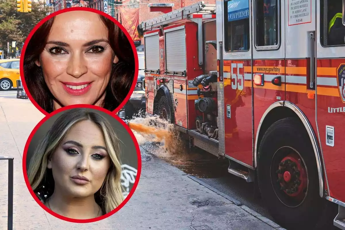 Montaje de fotos de unos bomberos, Olga Moreno y Rocío Flores