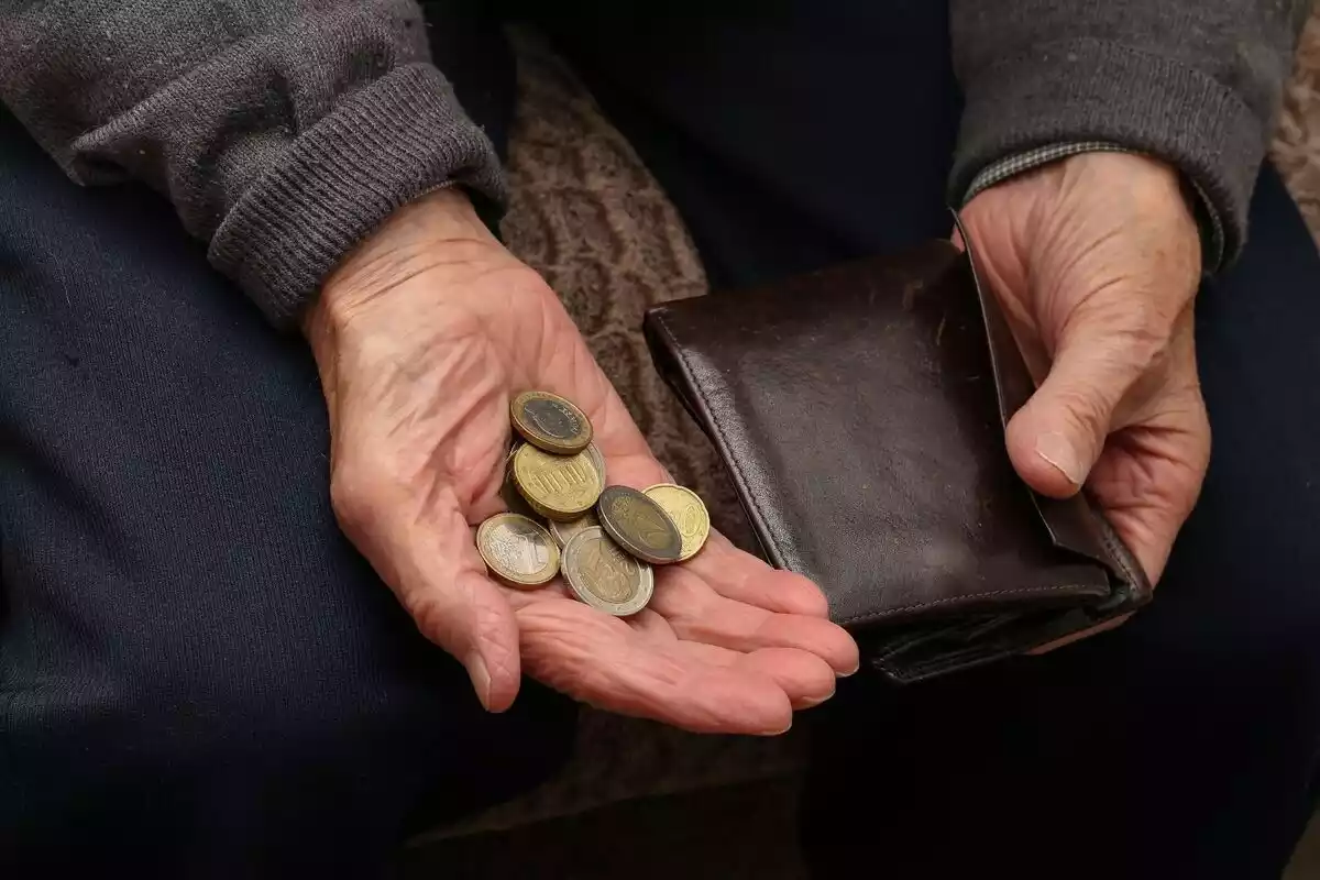 Manos de una persona mayor sujetando una cartera y monedas