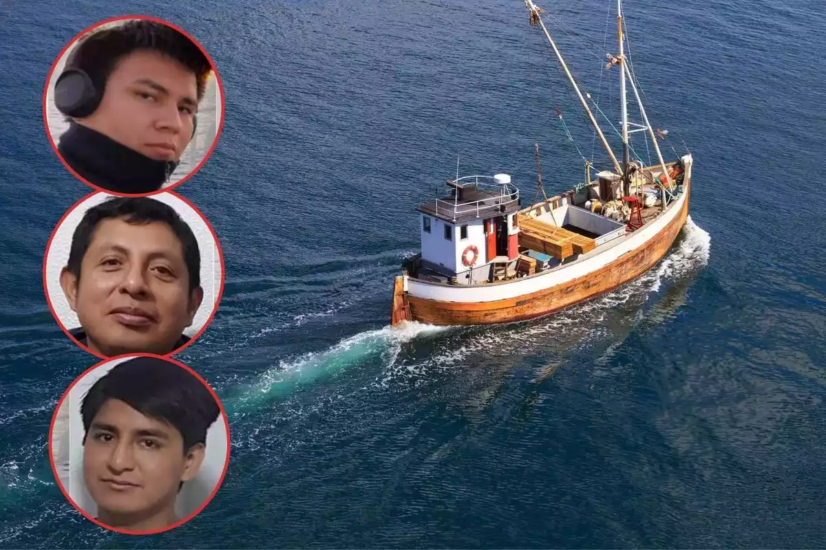 Montaje de fotos de un barco pesquero y los tres fallecidos en el naufragio del 'Villa de Pitanxo'