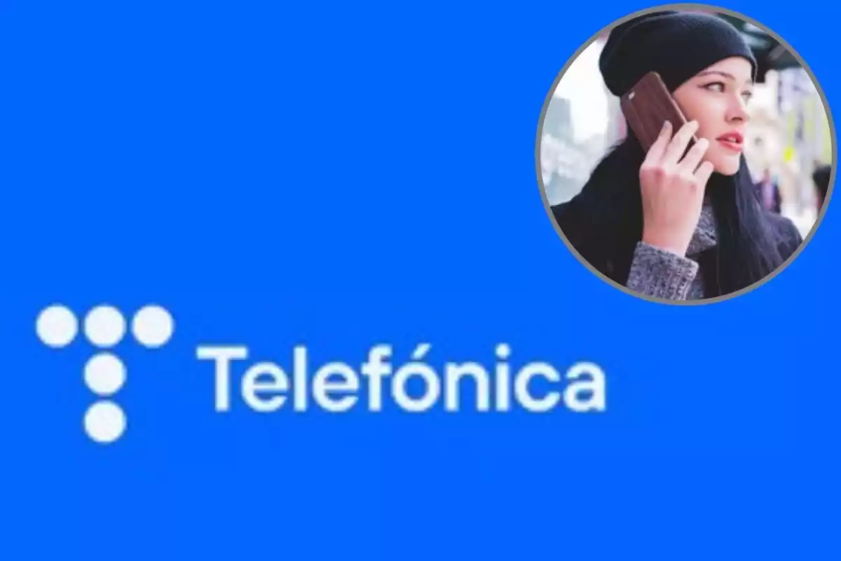 Montaje de logo Telefónica con una mujer llamando por teléfono