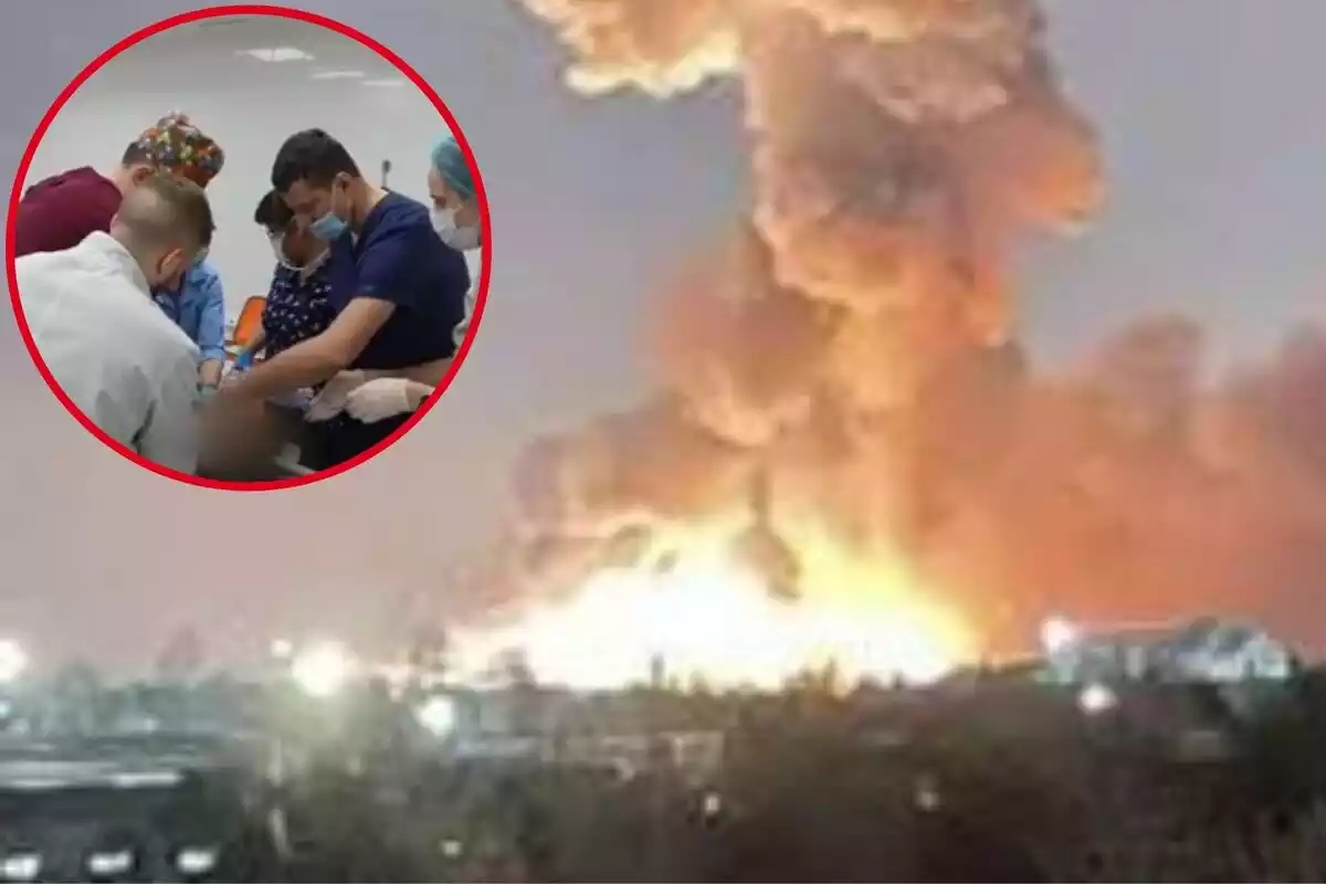 Montaje del bombardeo de la guerra de Ucrania y una niña en el hospital