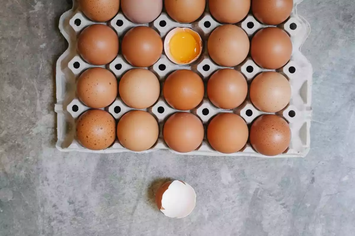Muchos huevos en un cartón y uno abierto en el centro