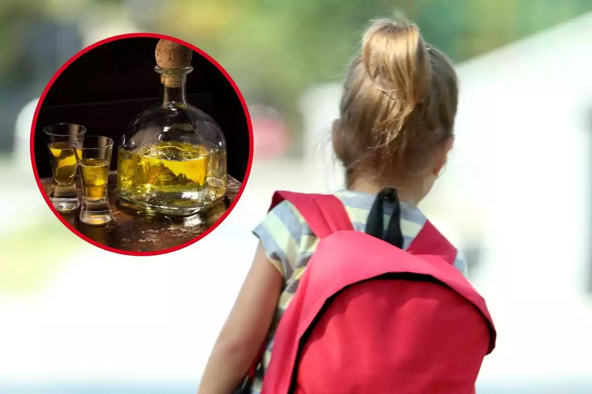 Montaje de fotos de una niña con mochila y una botella y vasos con tequila
