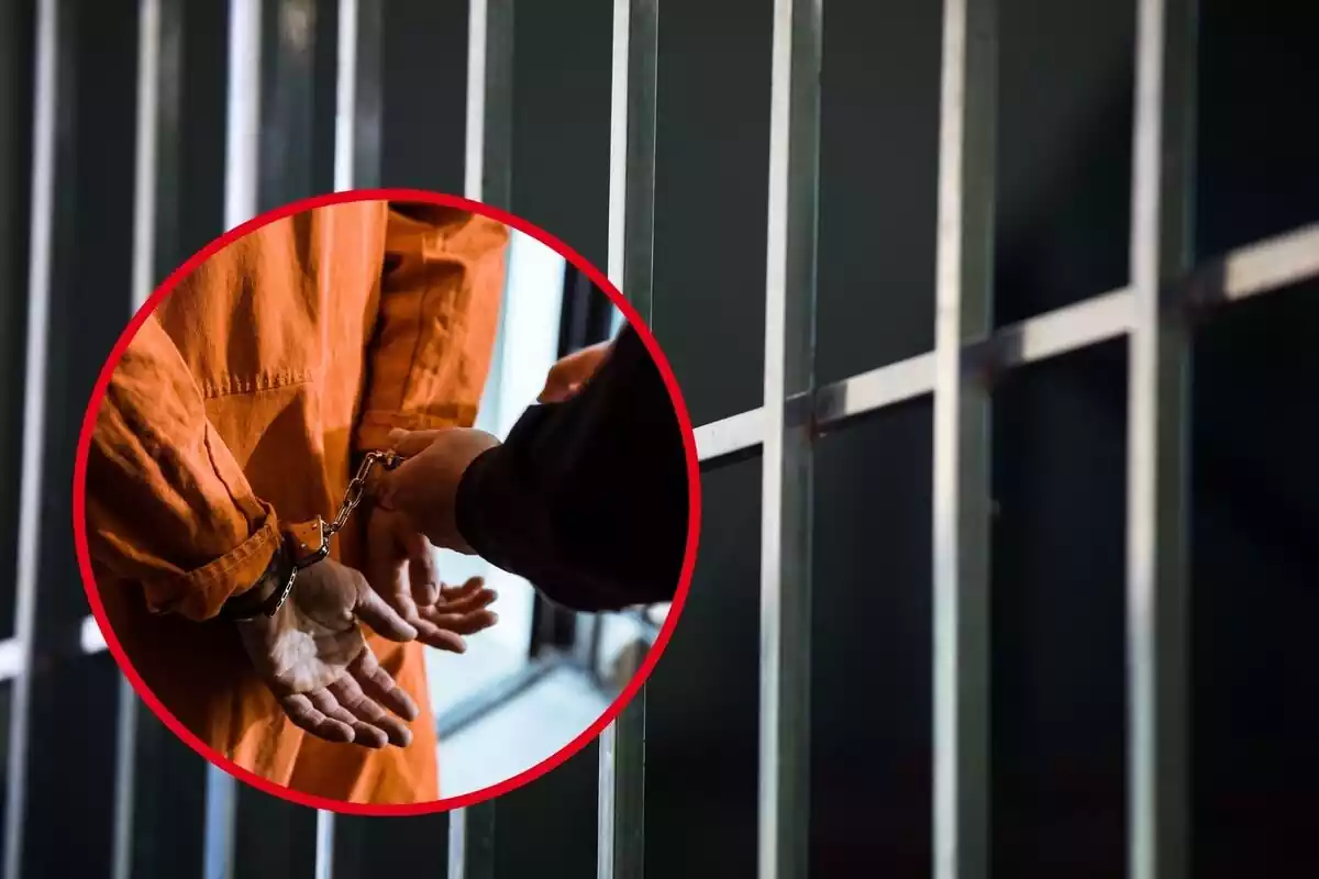 Montaje de fotos de la reja de una celda y las manos esposadas de un preso