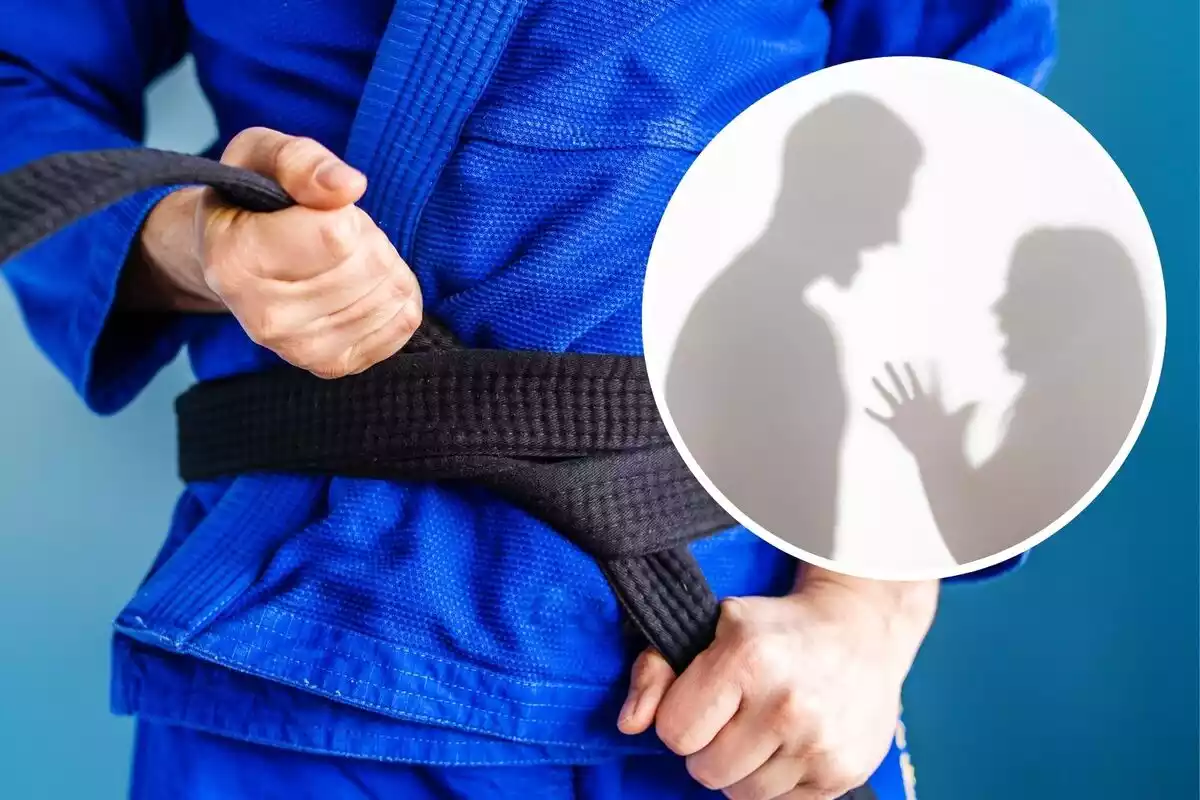 Montaje de fotos de un kimono de jiu-jitsu y la silueta de un hombre acosando a una mujer