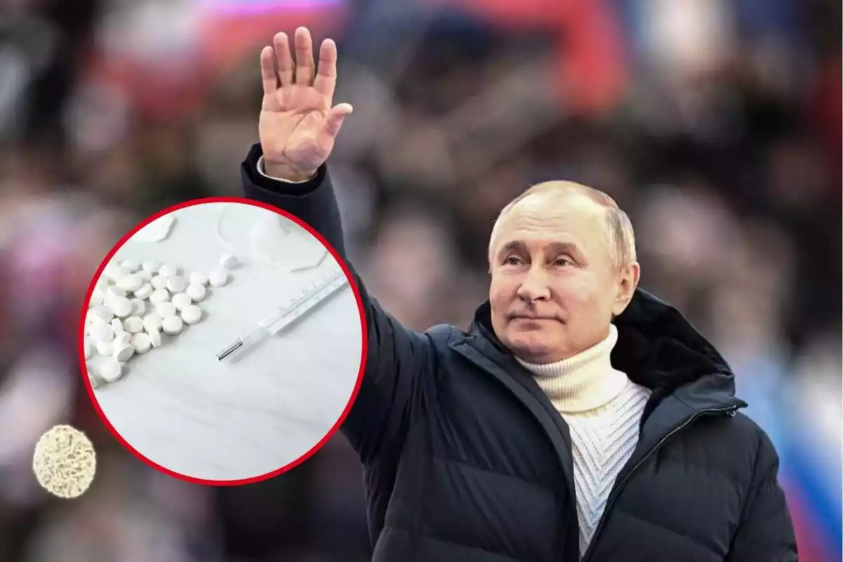 Montaje de Putin saludando con unas pastillas y un termómetro.