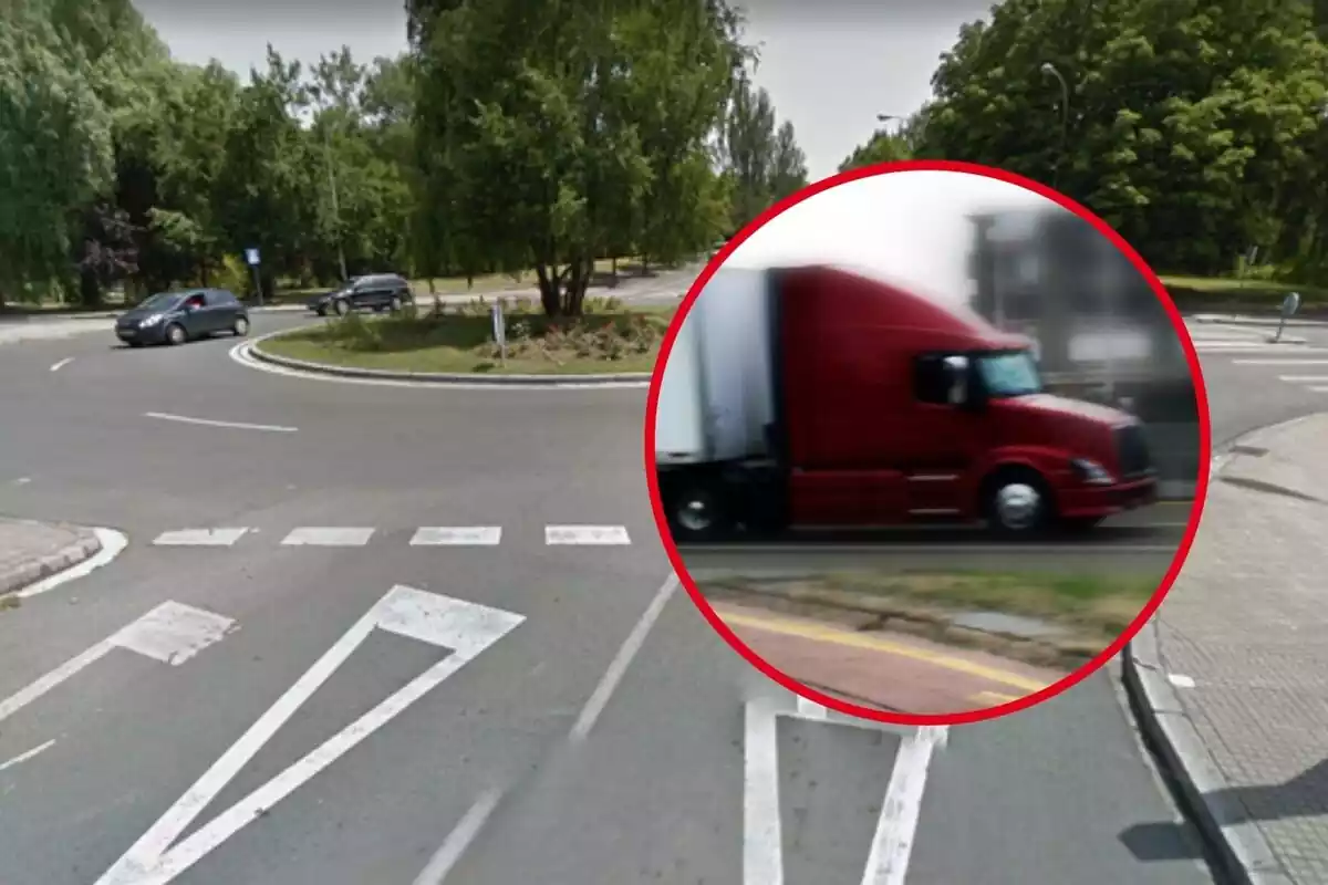 Montaje de fotos de un camión y la rotonda donde ocurrió el atropelló mortal de Vitoria