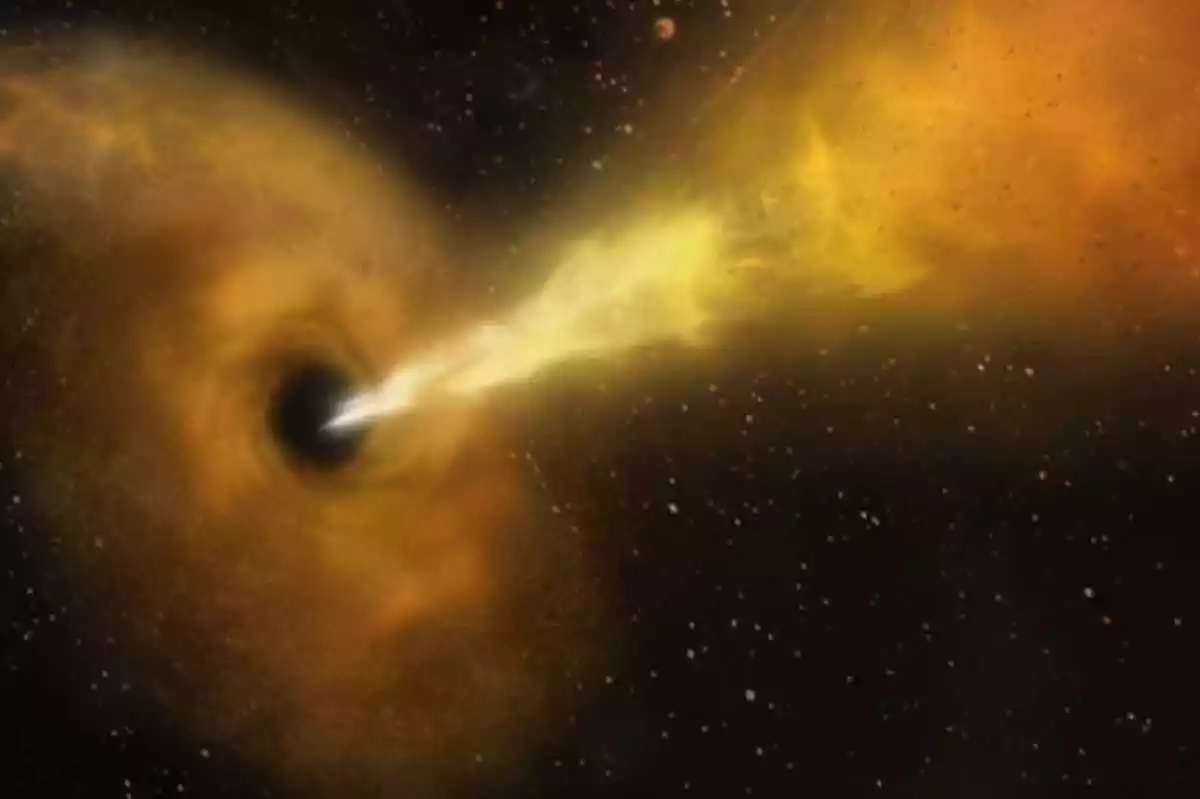 Simulación de la explosión del agujero negro tras tragarse una estrella de la galaxia Arp 299-B