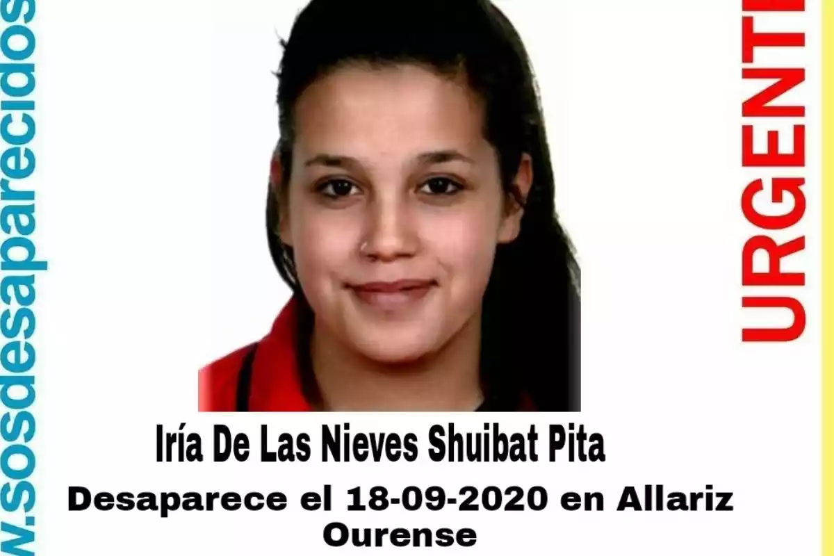 Aviso de desaparición de Iría de las Nieves Shuibat Pita, de la que no se sabe nada desde el 18 de septiembre de 2020