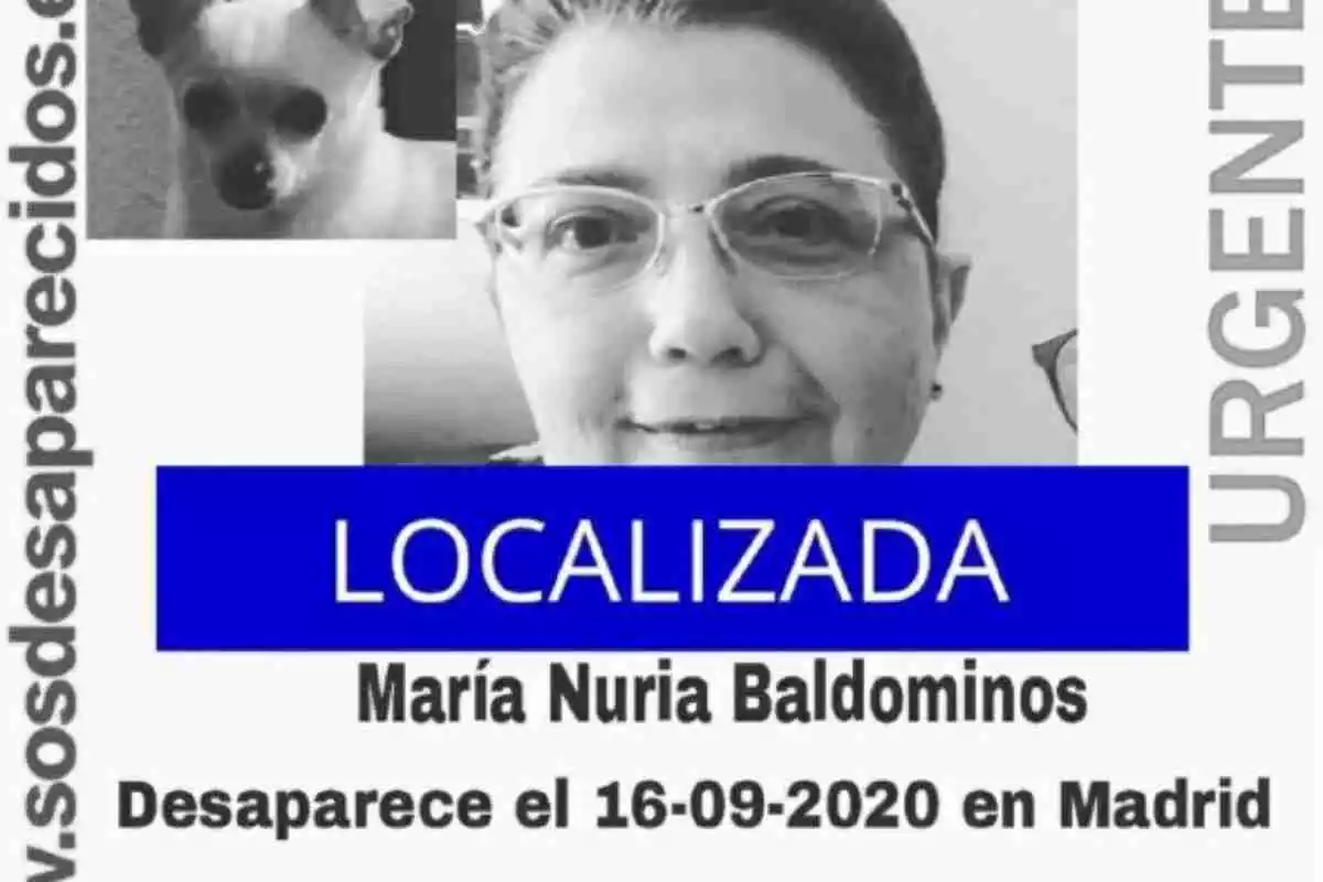 Aviso de localización de María Nuria Baldominos, desaparecida en Madrid el 16 de septiembre