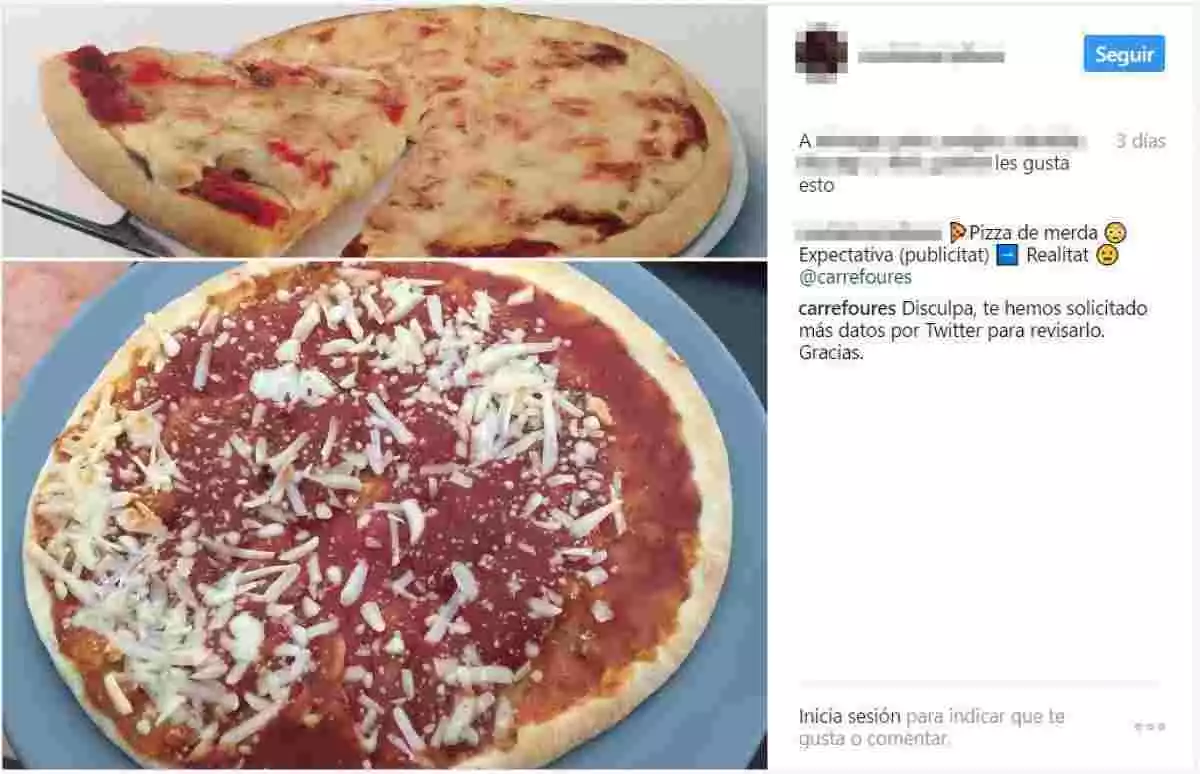 Comparativa entre foto de una pizza y el contenido real de la caja