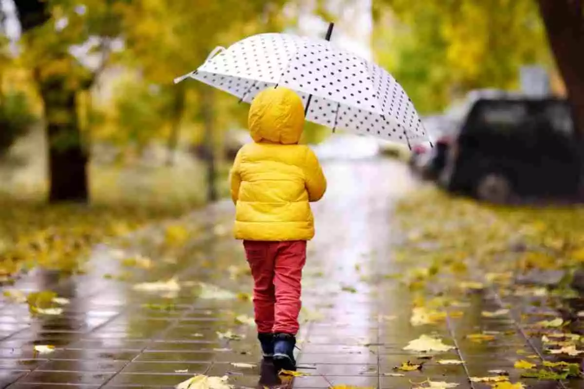 Imagen de un niño bajo la lluvia en un dia de otoño