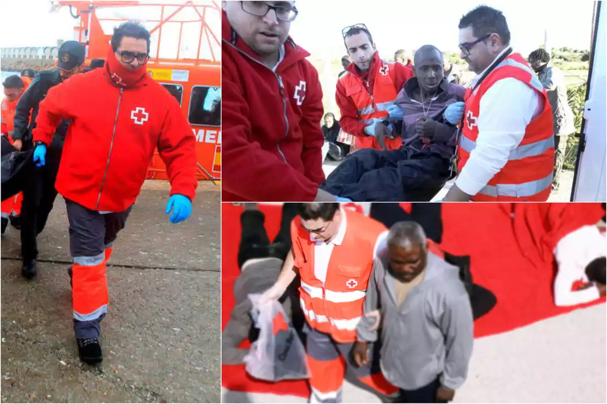 Collage con tres fotos del trabajador de cruz roja Iván Lima