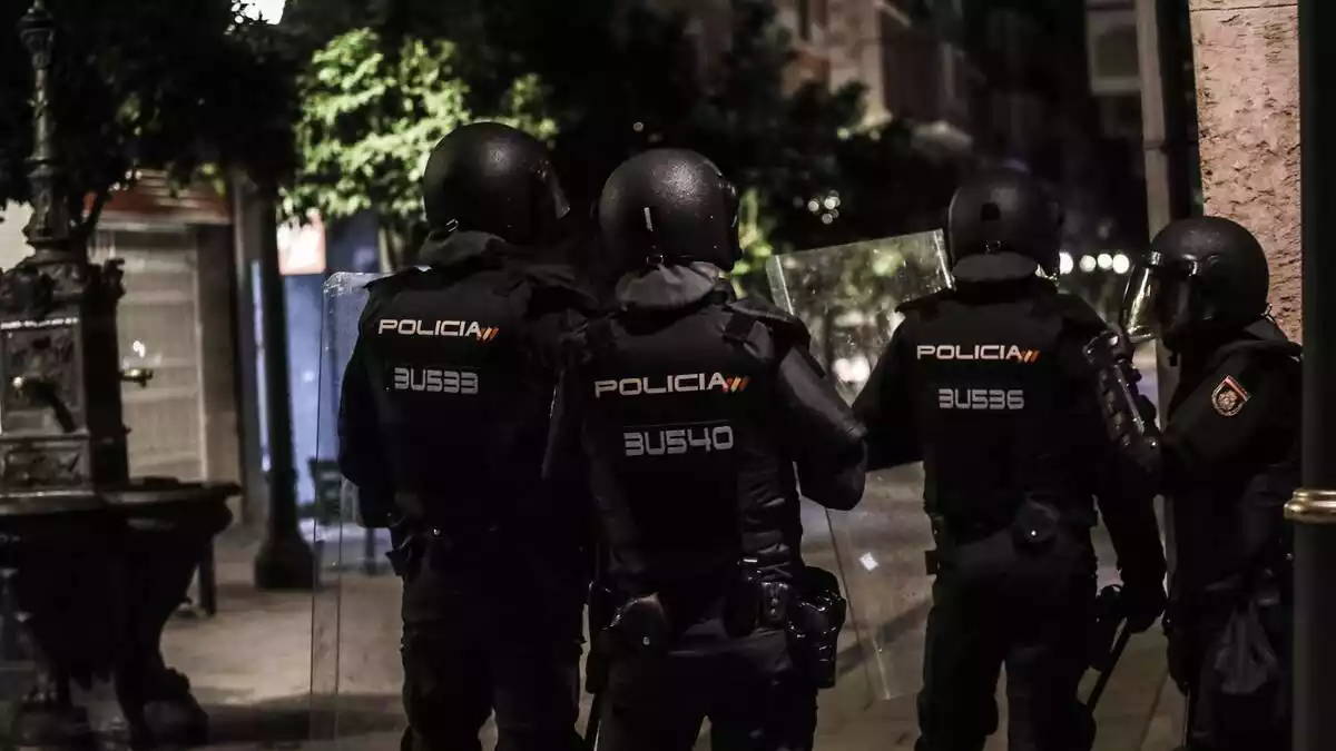 Cuatro agentes de la policia nacional antidisturbios de espaldas