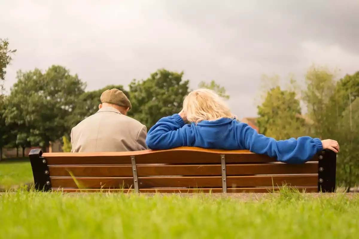 Dos personas sentadas en un banco de espaldas en un campo