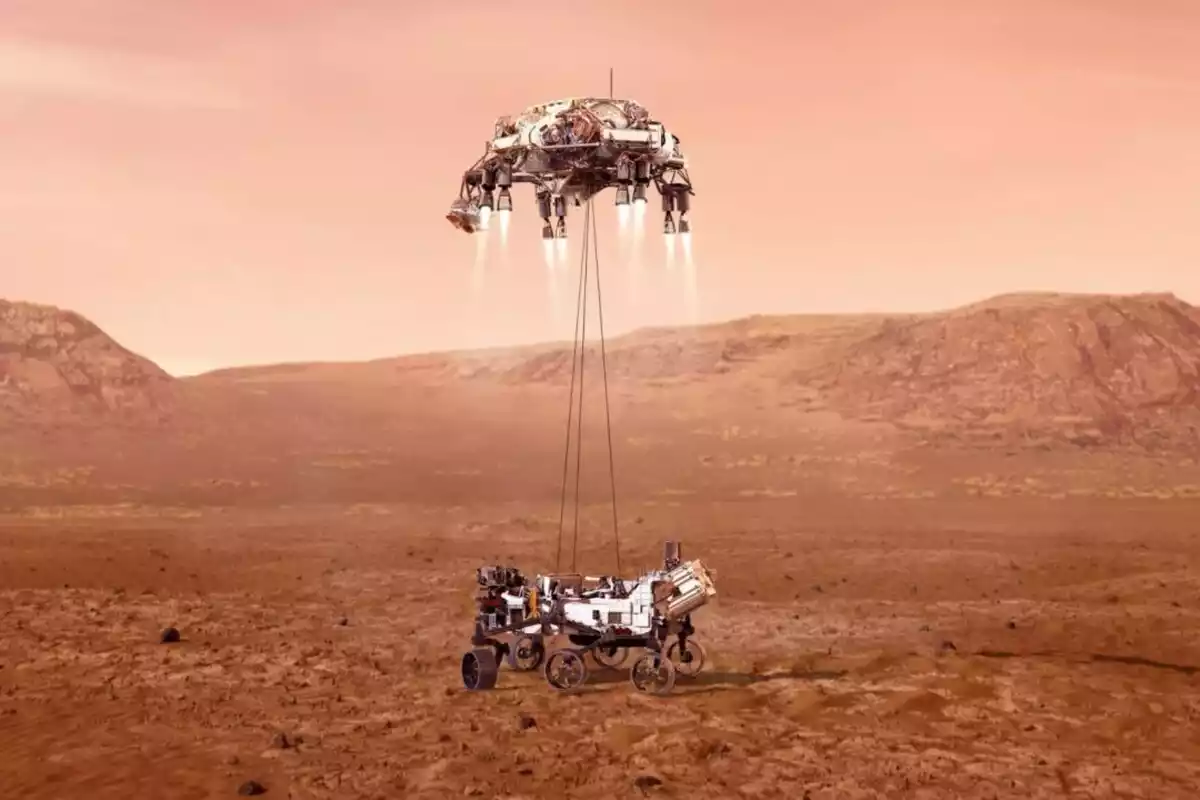Imagen ilustrativa del 'Perseverance' aterrizando en Marte