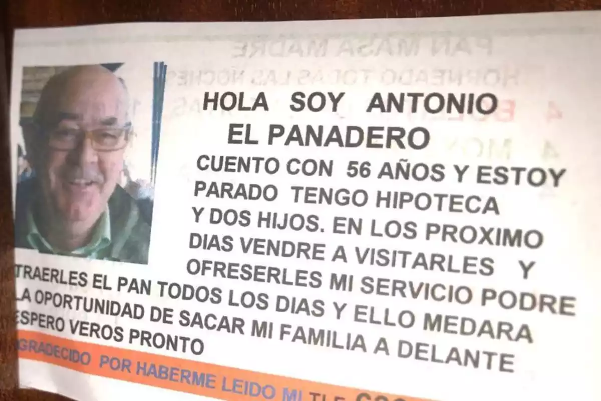 Captura del cartel de Antonio, el panadero que busca trabajo para ayudar a su familia