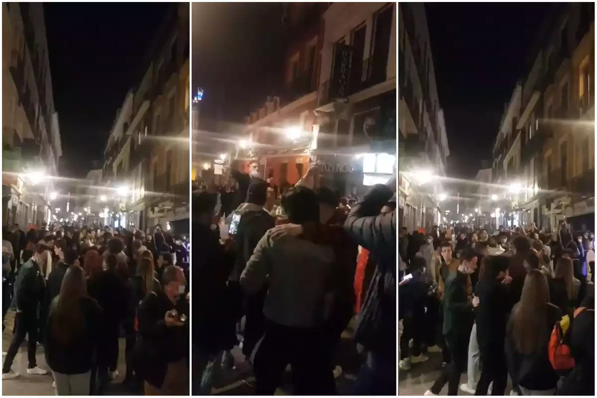 Varias capturas del vídeo viral donde aparecen decenas de personas bebiendo y cantando por las calles de Madrid