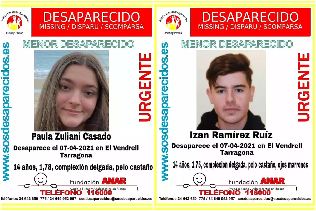 Ficha de SOS Desaparecidos de Paula Zuliani e Izan Ramírez