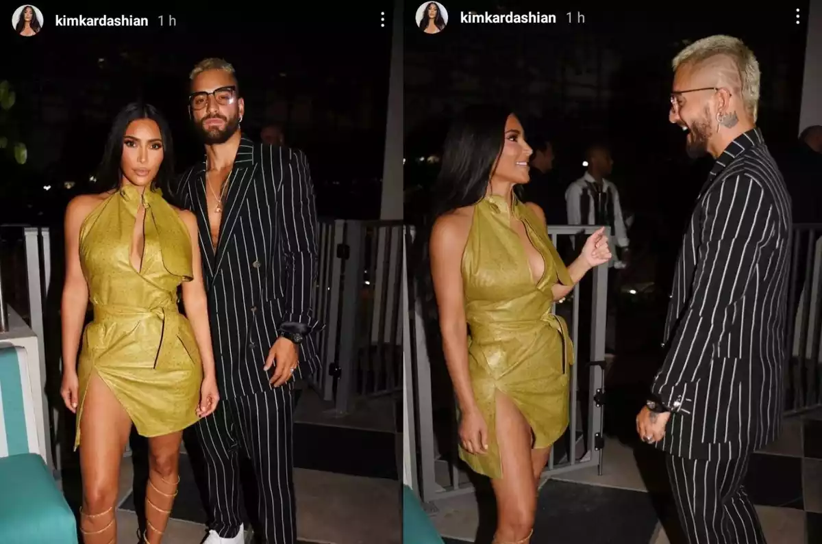 Montaje con imágenes de Instagram de Kim Kardashian junto a Maluma