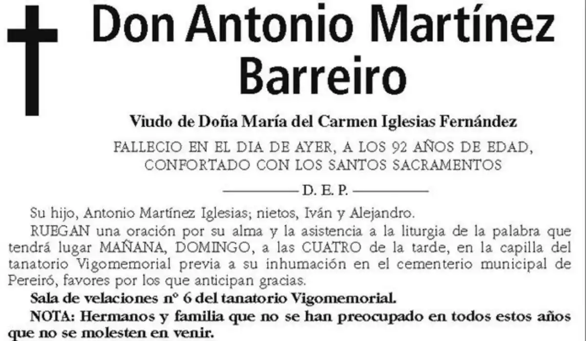 Esquela de Antonio Martínez Barreiro en el periódico
