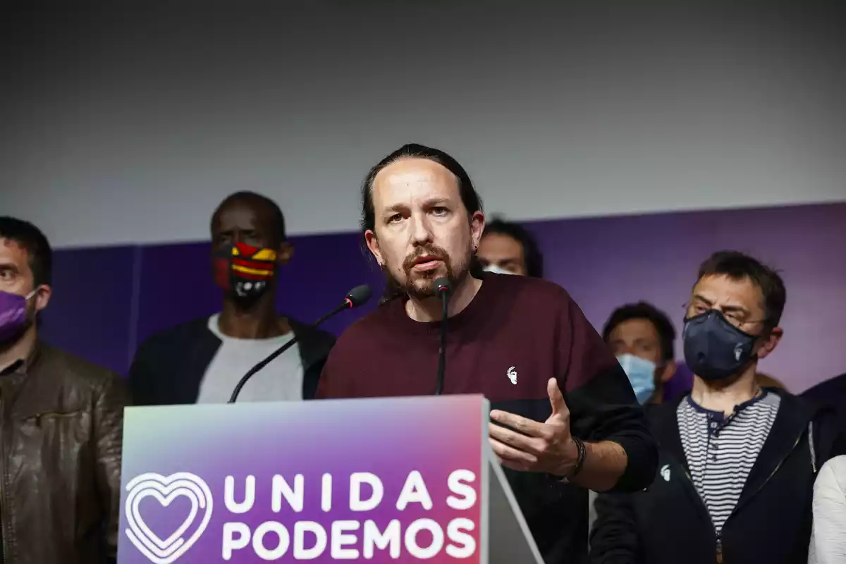 Pablo Iglesias en la intervención en que presenta su dimisión (04/05/2021).