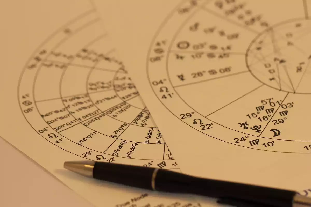 Un bolígrafo al lado de un dibujo de los signos del horóscopo y sus coordenadas