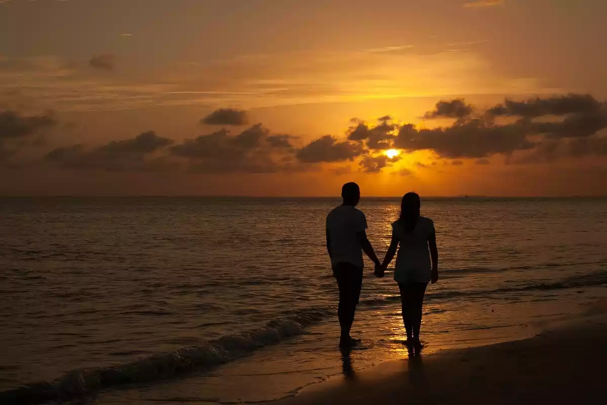 Una pareja cogida de la mano en la playa al atardecer