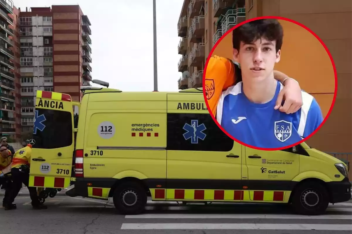 Fotomontaje de Arnau, el jugador de 17 fallecido, y una ambulancia del SEM catalán
