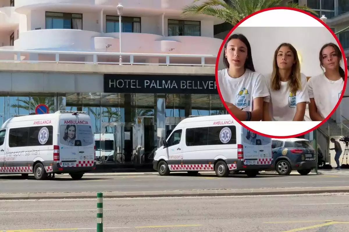 Montaje con tres chicas transmitiendo su mensaje desde Mallorca sobre el macrobrote de covid