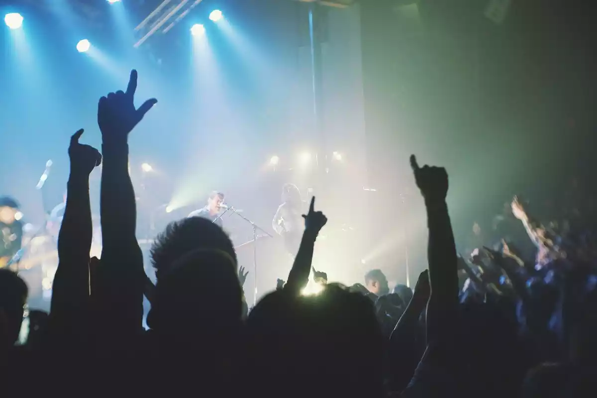 Varias personas bailando con los brazos en alto en un concierto
