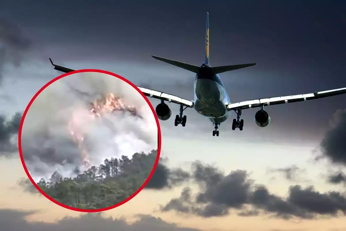 Montaje con un avión y el incendio de un avión estrellado en China