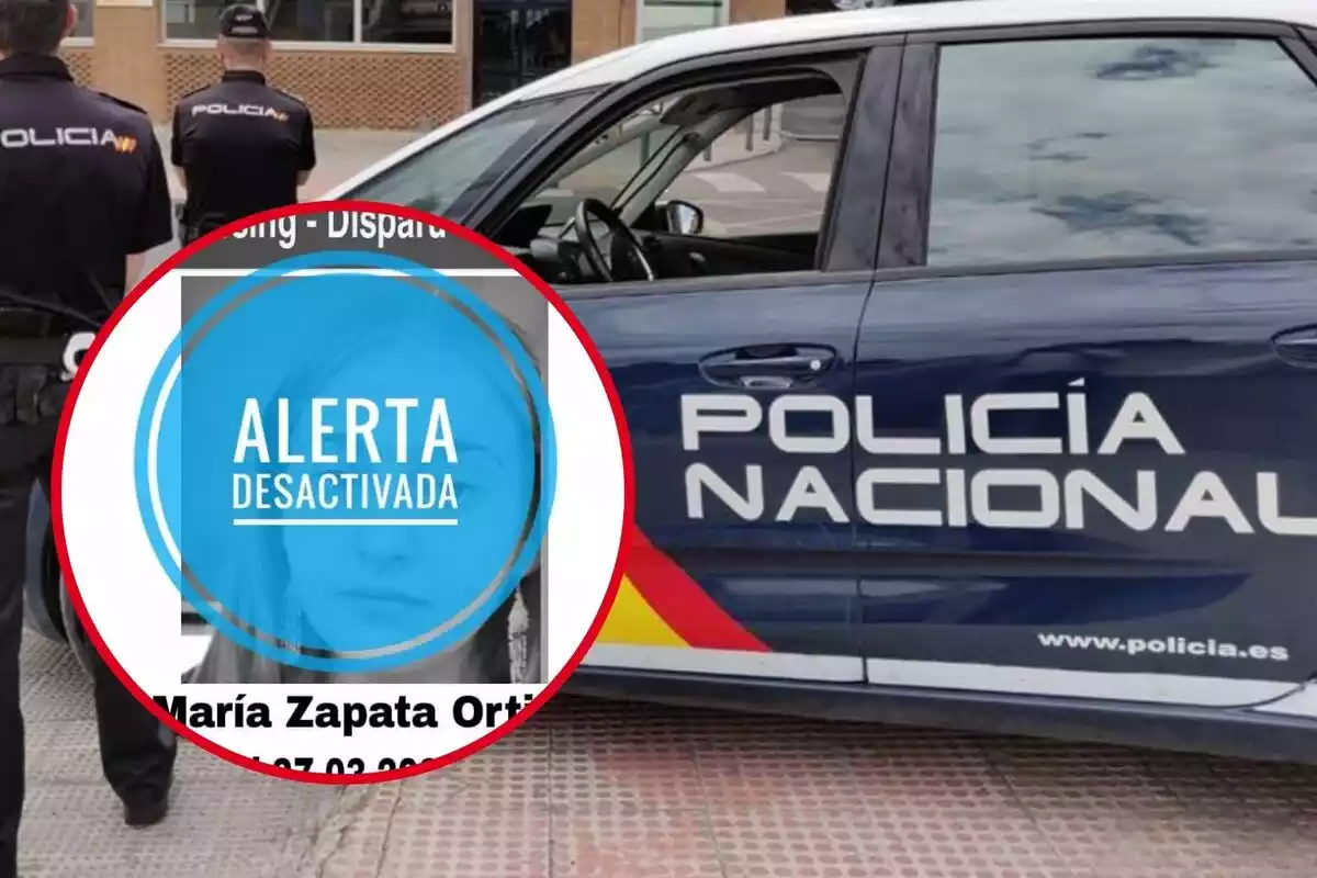Montaje con un coche de la Policía Nacional de fondo y la imagen de la alerta desactivada de María Zapata