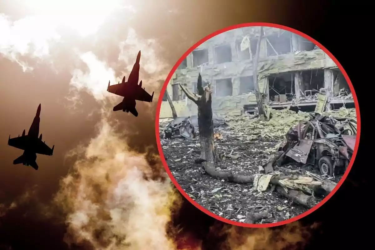 Montaje de fotos de las ruinas del hospital infantil de Mariupol después del bombardeo ruso y unos cazas de guerra