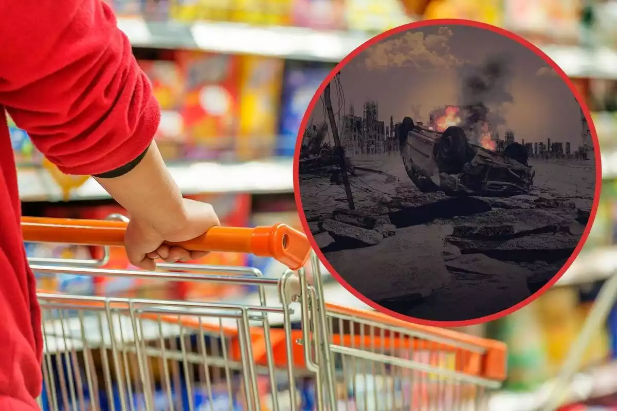 Montaje de fotos de una cesta de supermercado y una ciudad devastada