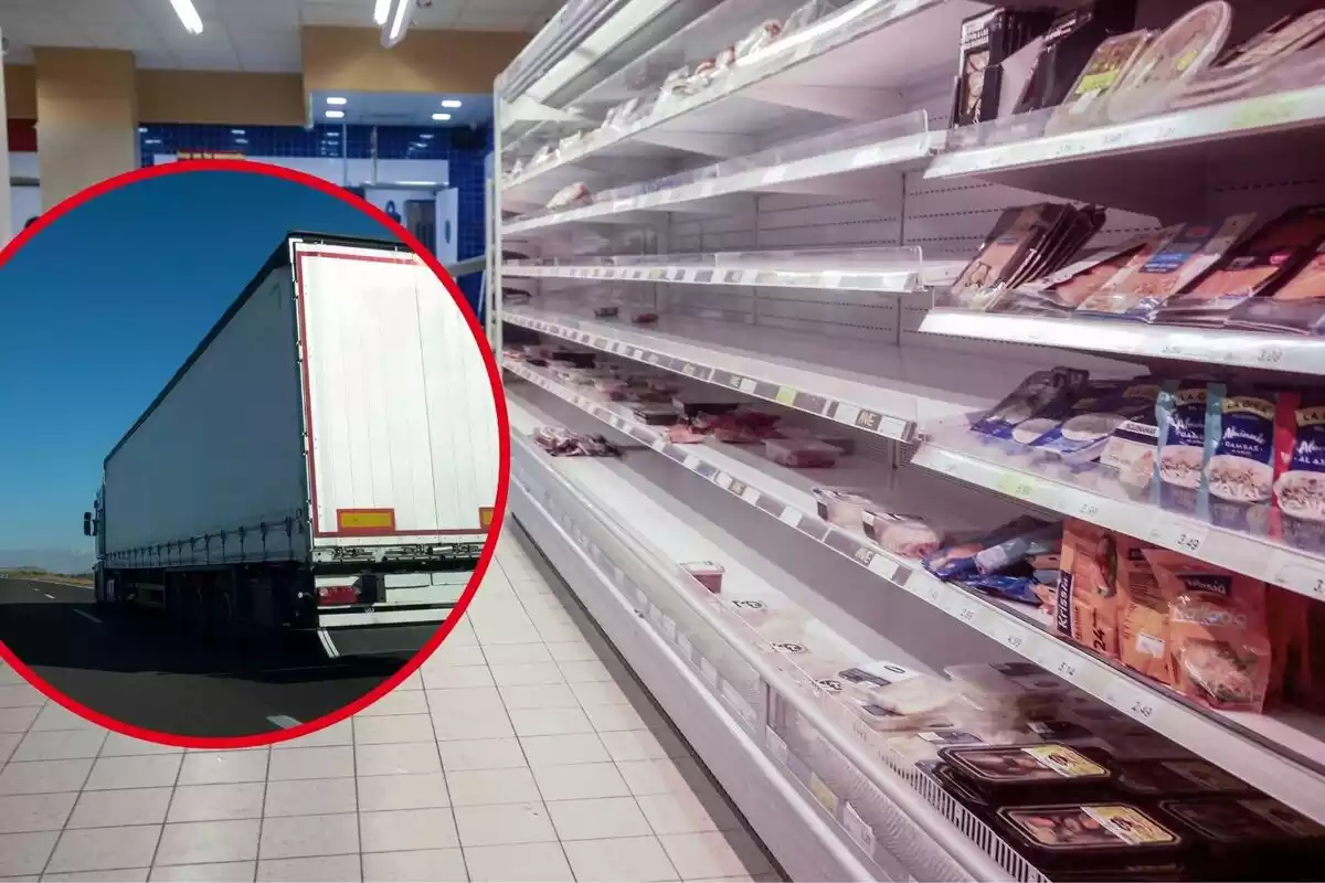 Montaje de fotos de una estantería vacía de un supermercado y un camión circulando por una carretera