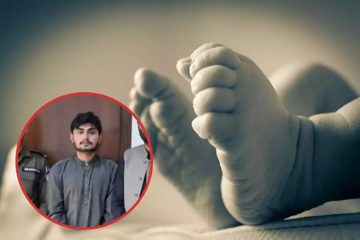 Montaje de fotos del padre detenido en Pakistán por asesinar a su hija recién nacida y los pies de un bebé