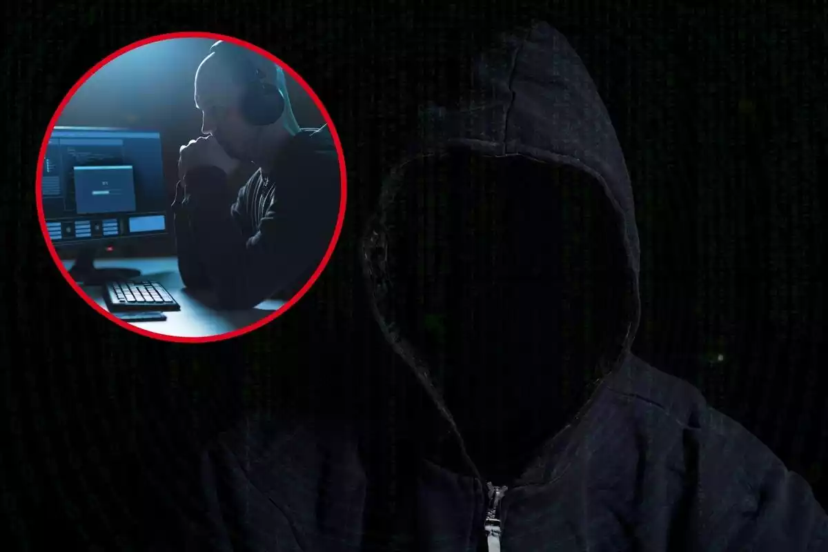 Montaje de fotos de un encapuchado anónimo y un hombre observando un ordenador