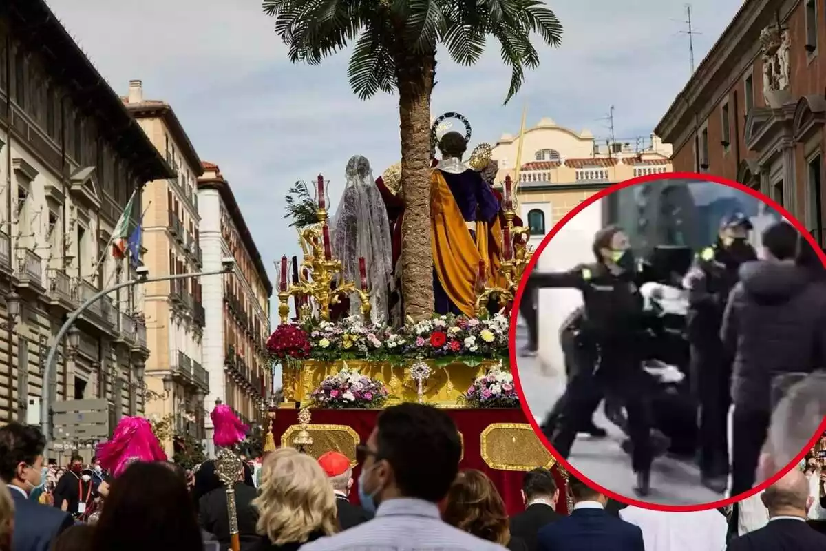 Montaje de una procesión con una imagen de unos altercados el Domingo de Ramos en El Vendrell