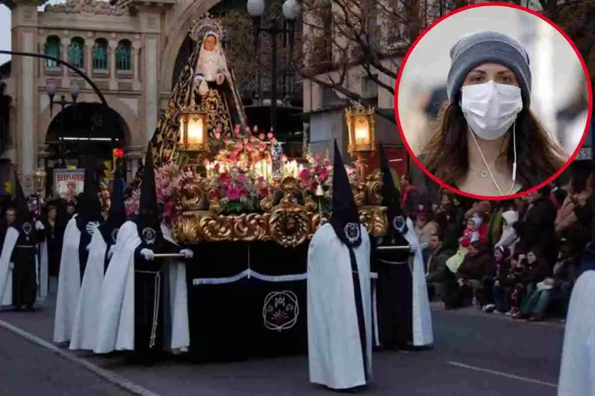 Montaje de una procesión en España y una mujer con mascarilla