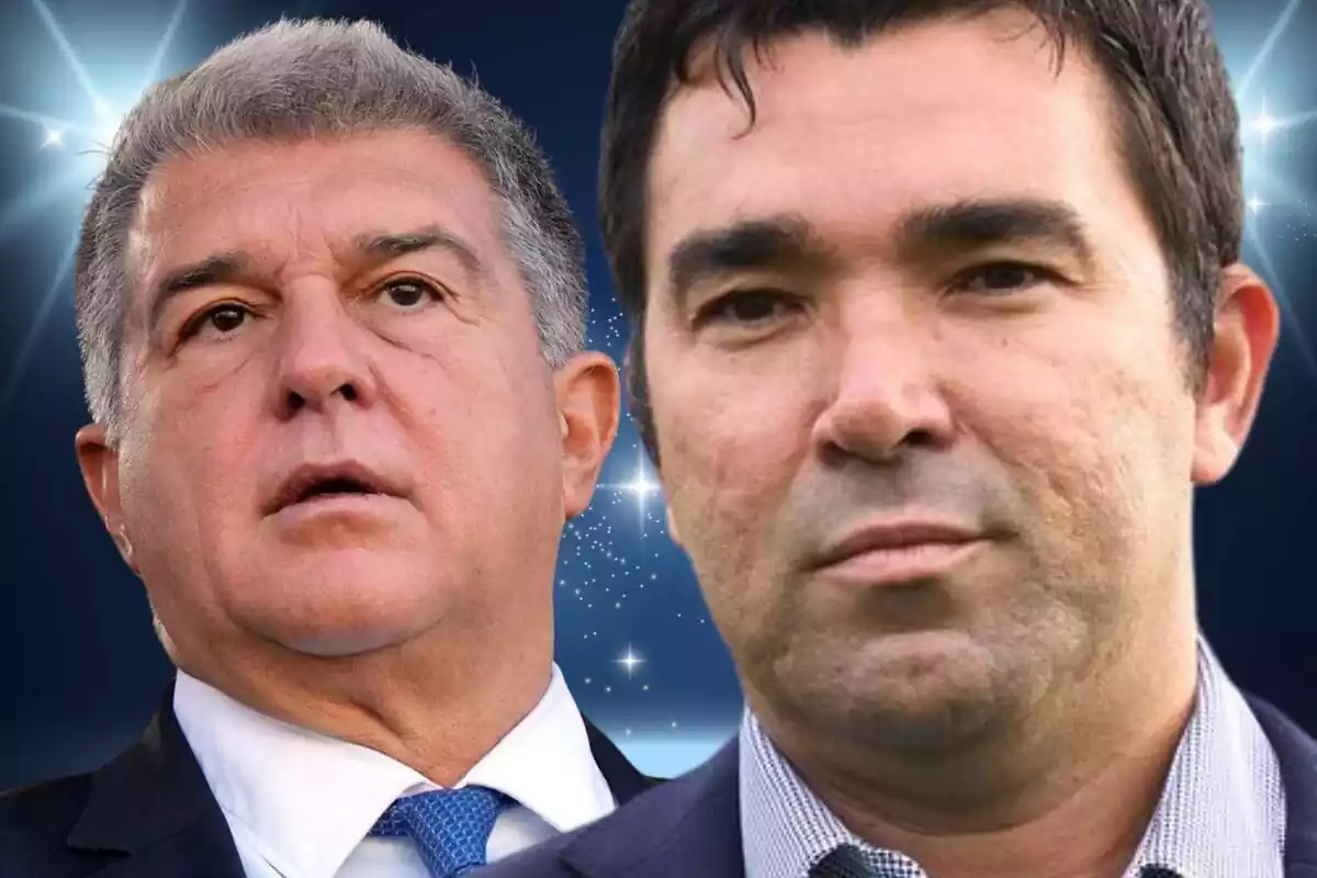 Deco en primer plano con Joan Laporta al fondo sobre un fondo estrellado