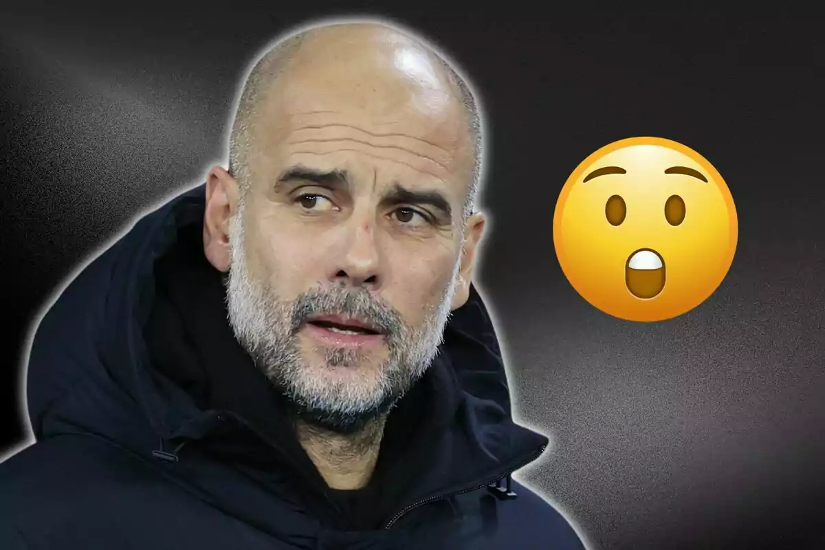 Bald man with beard and dark jacket next to a surprised face emoji on a dark background. Bald man with beard and dark jacket next to a surprised face emoji on a dark background.