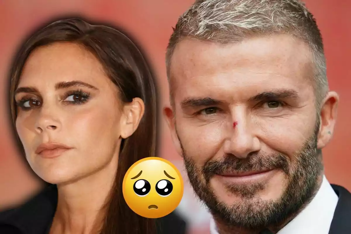 Una mujer y un hombre con expresiones serias, acompañados de un emoji triste sobre un fondo difuminado.