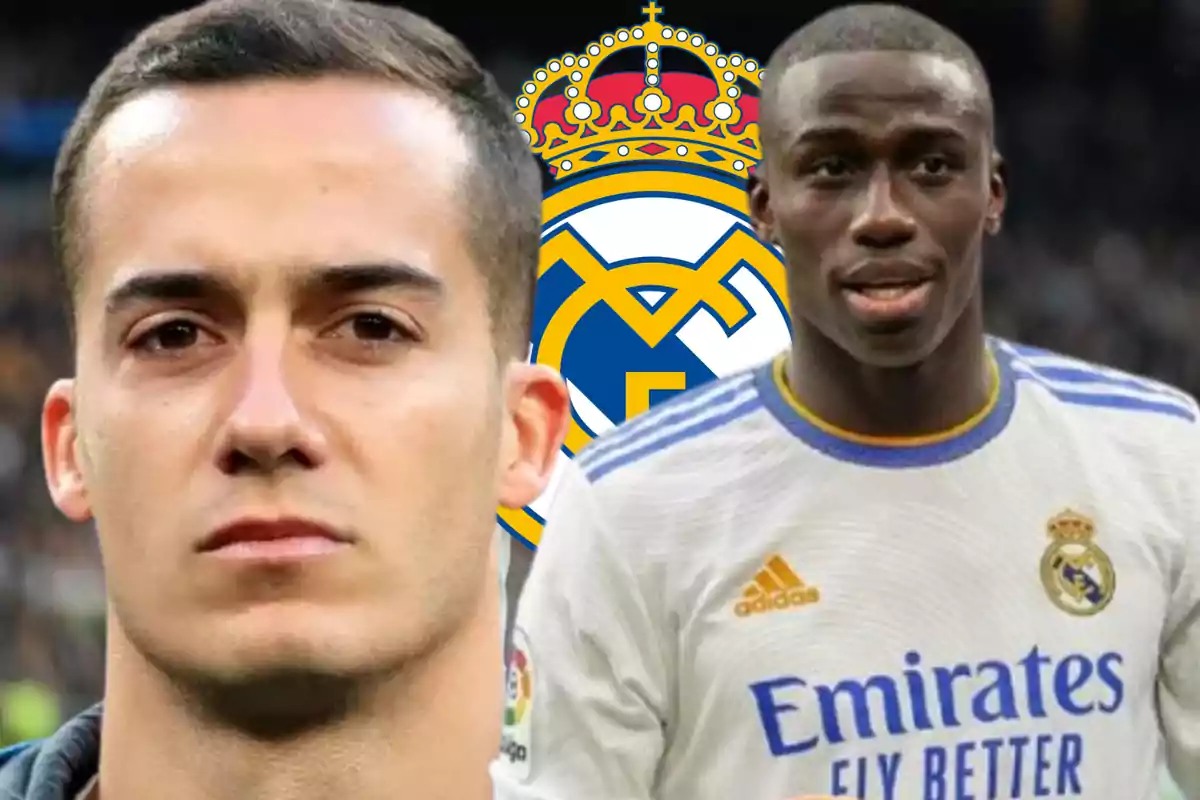 Dos jugadores de fútbol con el escudo del Real Madrid de fondo. Dos jugadores de fútbol con el escudo del Real Madrid de fondo.