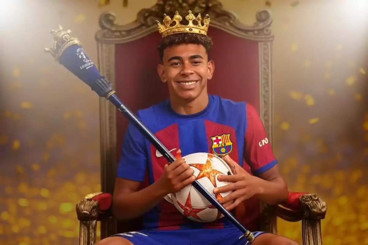 Un jove amb una corona i un ceptre, vestint l'uniforme del FC Barcelona, assegut en un tron i sostenint una pilota de futbol. Un jove amb una corona i un ceptre, vestint l'uniforme del FC Barcelona, assegut en un tron i sostenint una pilota de futbol.